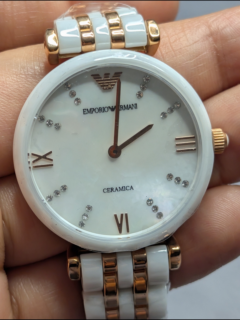 NWT Emporio Armani Women's Rose Gold & White Ceramic Crystal Dial Watch